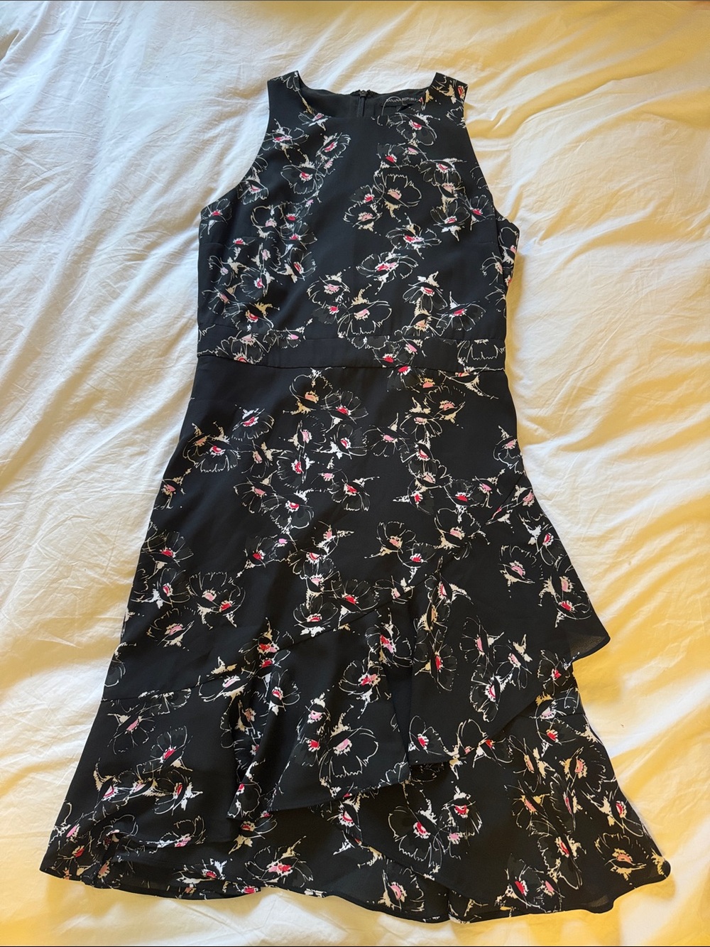Banana Republic Black Floral Ruffle Mini Dress with Pink Accents